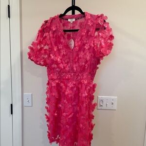 Umgee Hot Pink Asymmetrical Floral Appliqué Dress
